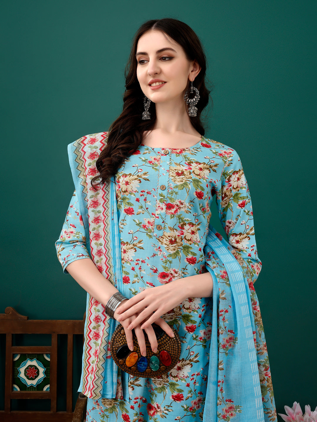 Floral Printed Kurta With Pant & Dupatta, Blue - Hiral Fashion - Dista