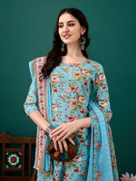 Thumbnail for Floral Printed Kurta With Pant & Dupatta, Blue - Hiral Fashion - Dista