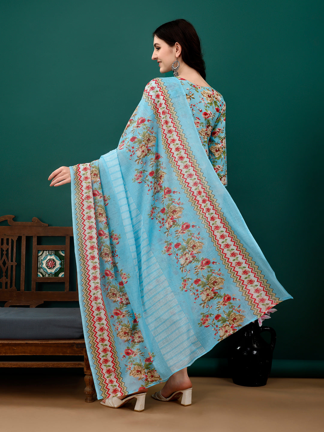 Floral Printed Kurta With Pant & Dupatta, Blue - Hiral Fashion - Dista