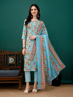 Thumbnail for Floral Printed Kurta With Pant & Dupatta, Blue - Hiral Fashion - Dista