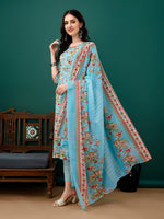 Thumbnail for Floral Printed Kurta With Pant & Dupatta, Blue - Hiral Fashion - Dista