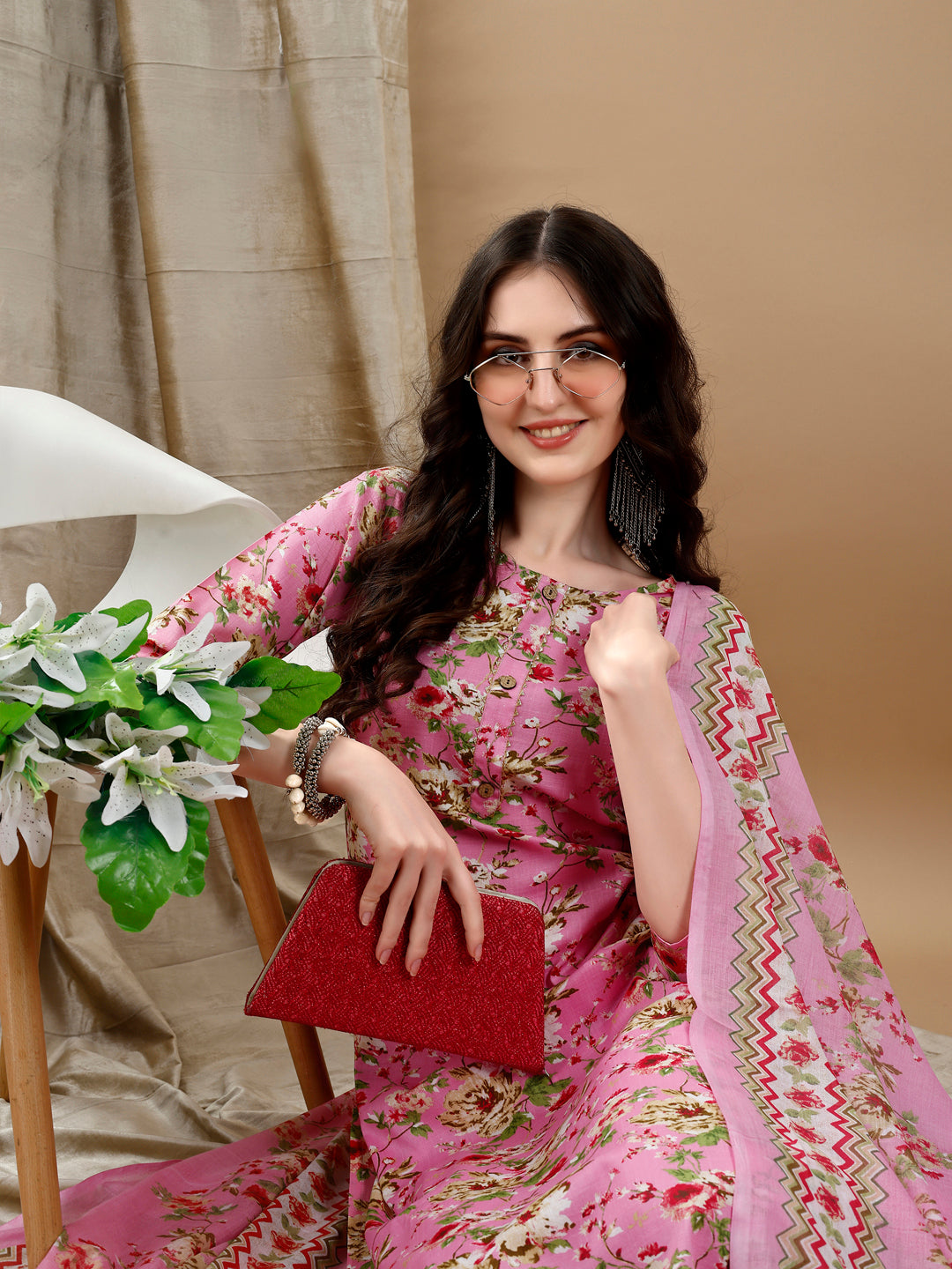 Floral Printed Kurta With Pant & Dupatta, Pink - Hiral Fashion - Dista