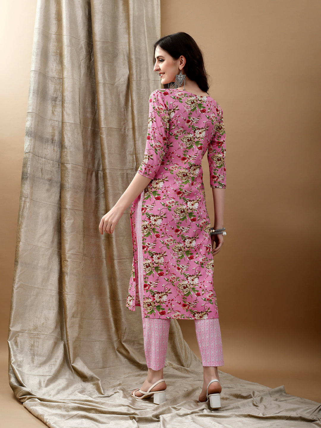 Floral Printed Kurta With Pant & Dupatta, Pink - Hiral Fashion - Dista