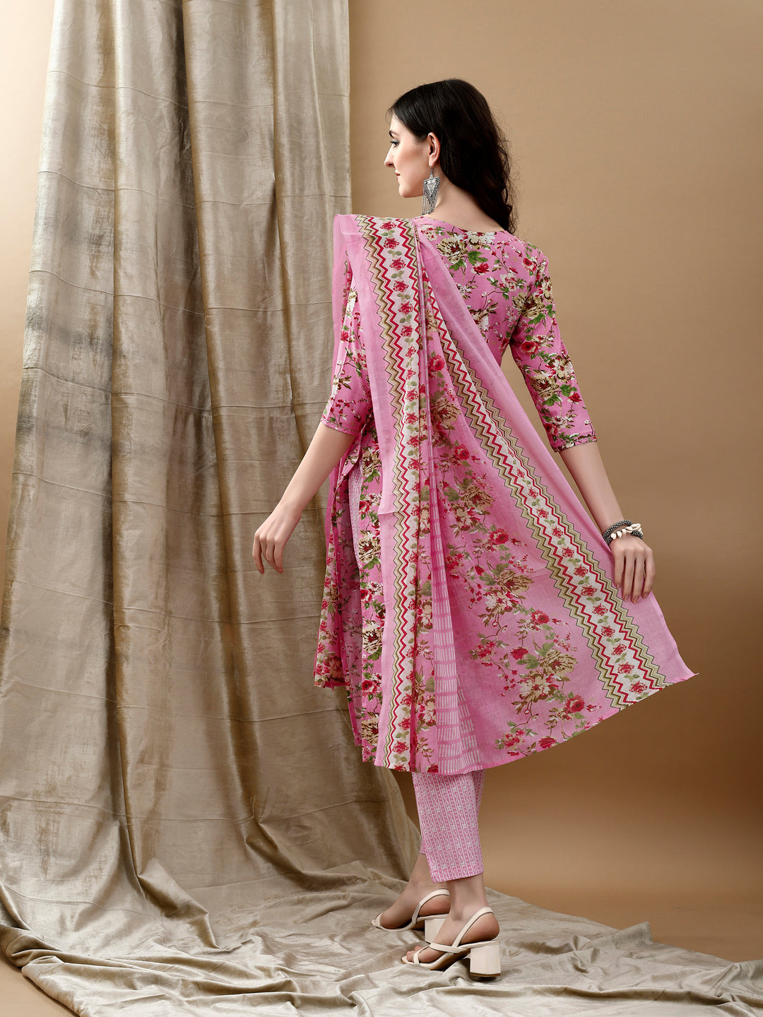 Floral Printed Kurta With Pant & Dupatta, Pink - Hiral Fashion - Dista