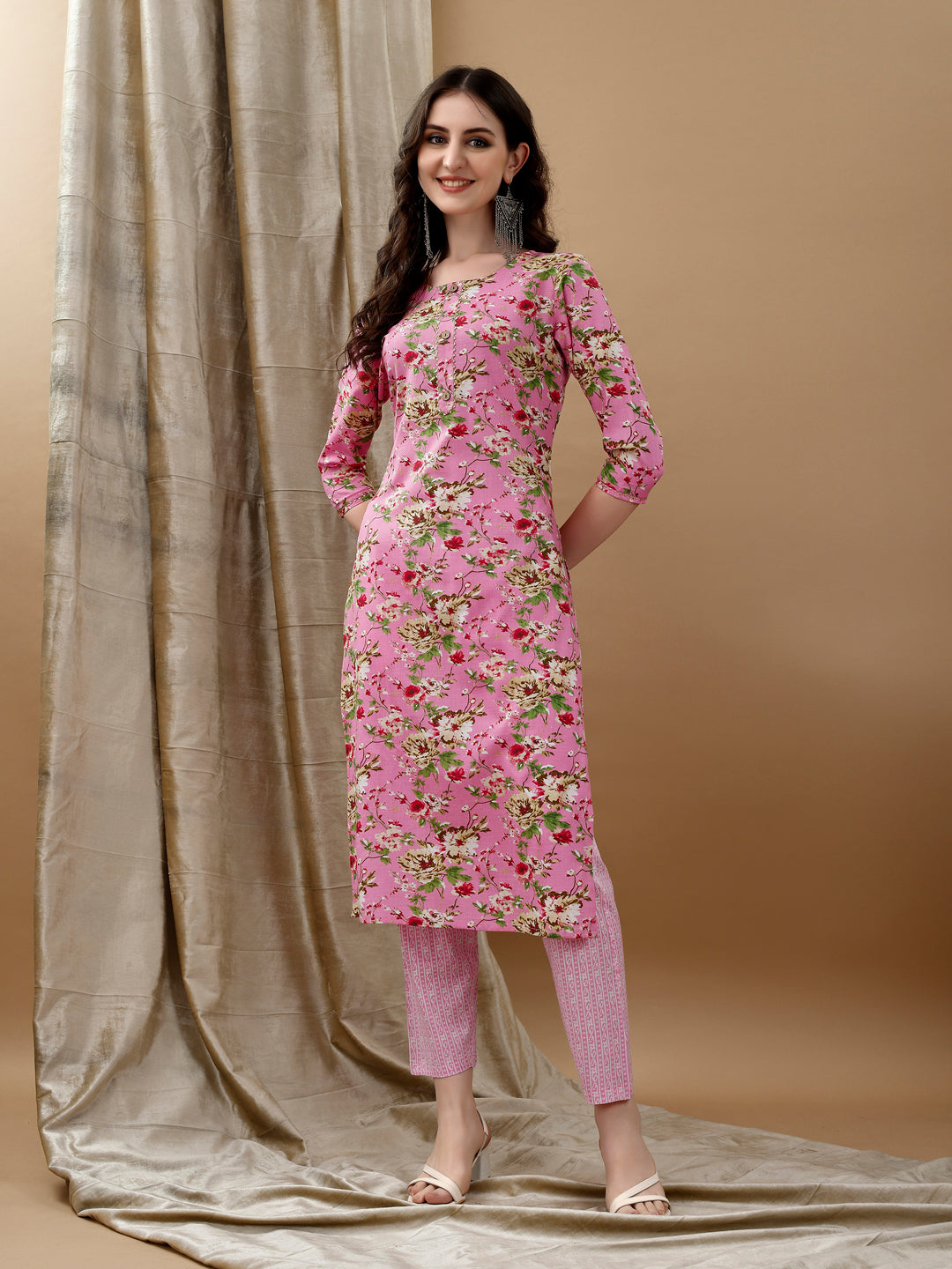 Floral Printed Kurta With Pant & Dupatta, Pink - Hiral Fashion - Dista