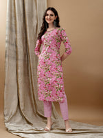 Thumbnail for Floral Printed Kurta With Pant & Dupatta, Pink - Hiral Fashion - Dista