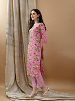 Thumbnail for Floral Printed Kurta With Pant & Dupatta, Pink - Hiral Fashion - Dista