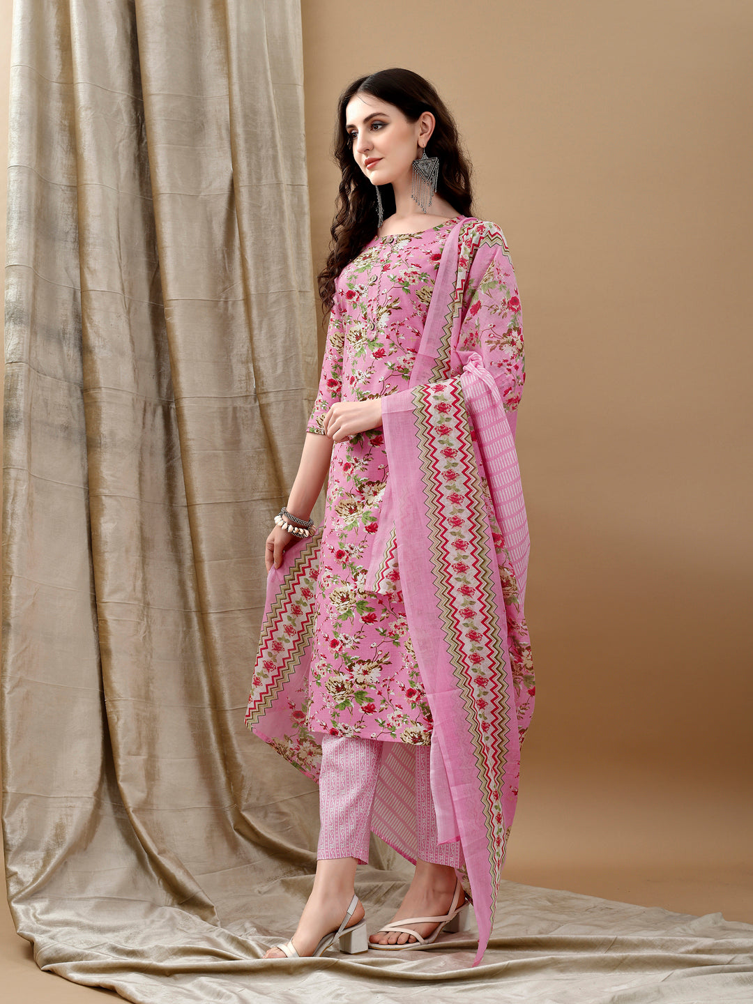 Floral Printed Kurta With Pant & Dupatta, Pink - Hiral Fashion - Dista