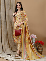 Thumbnail for Floral Printed Kurta With Pant & Dupatta, Yellow - Hiral Fashion - Dista