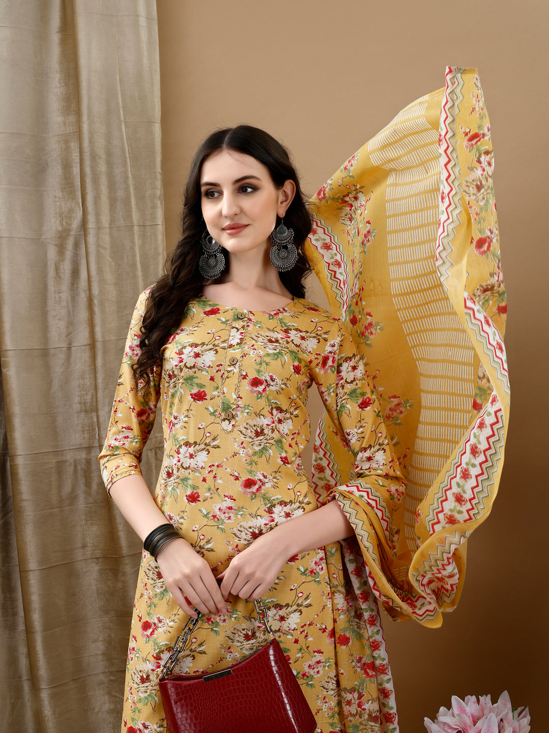 Floral Printed Kurta With Pant & Dupatta, Yellow - Hiral Fashion - Dista