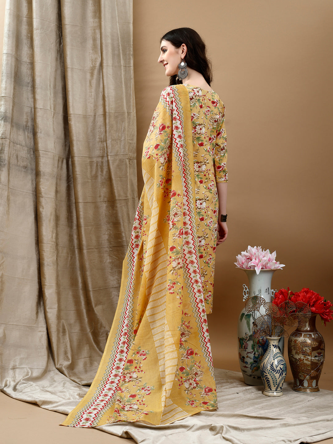 Floral Printed Kurta With Pant & Dupatta, Yellow - Hiral Fashion - Dista