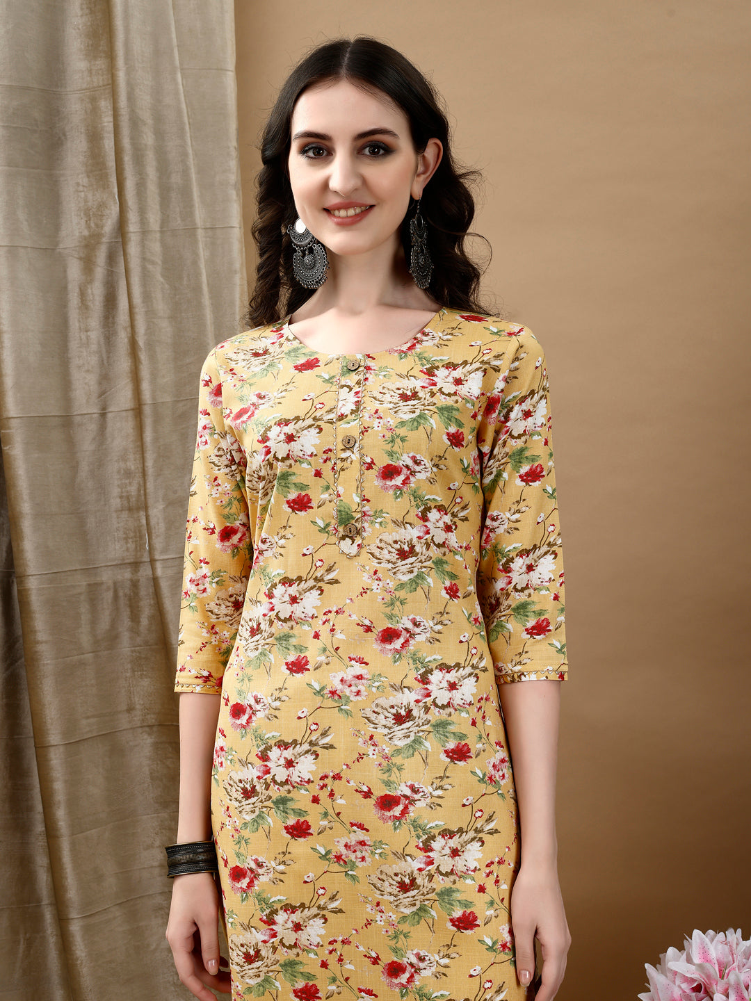 Floral Printed Kurta With Pant & Dupatta, Yellow - Hiral Fashion - Dista