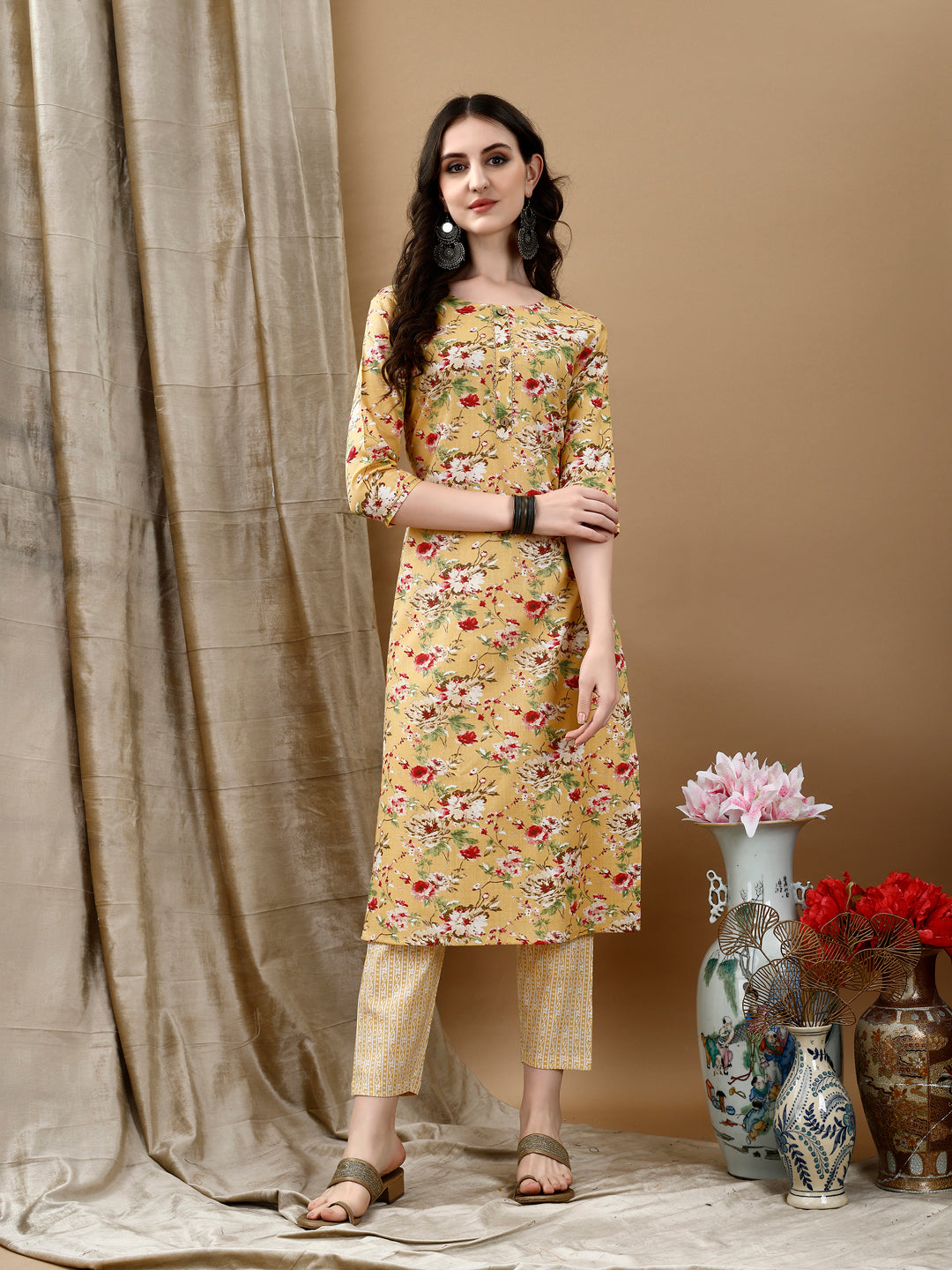 Floral Printed Kurta With Pant & Dupatta, Yellow - Hiral Fashion - Dista
