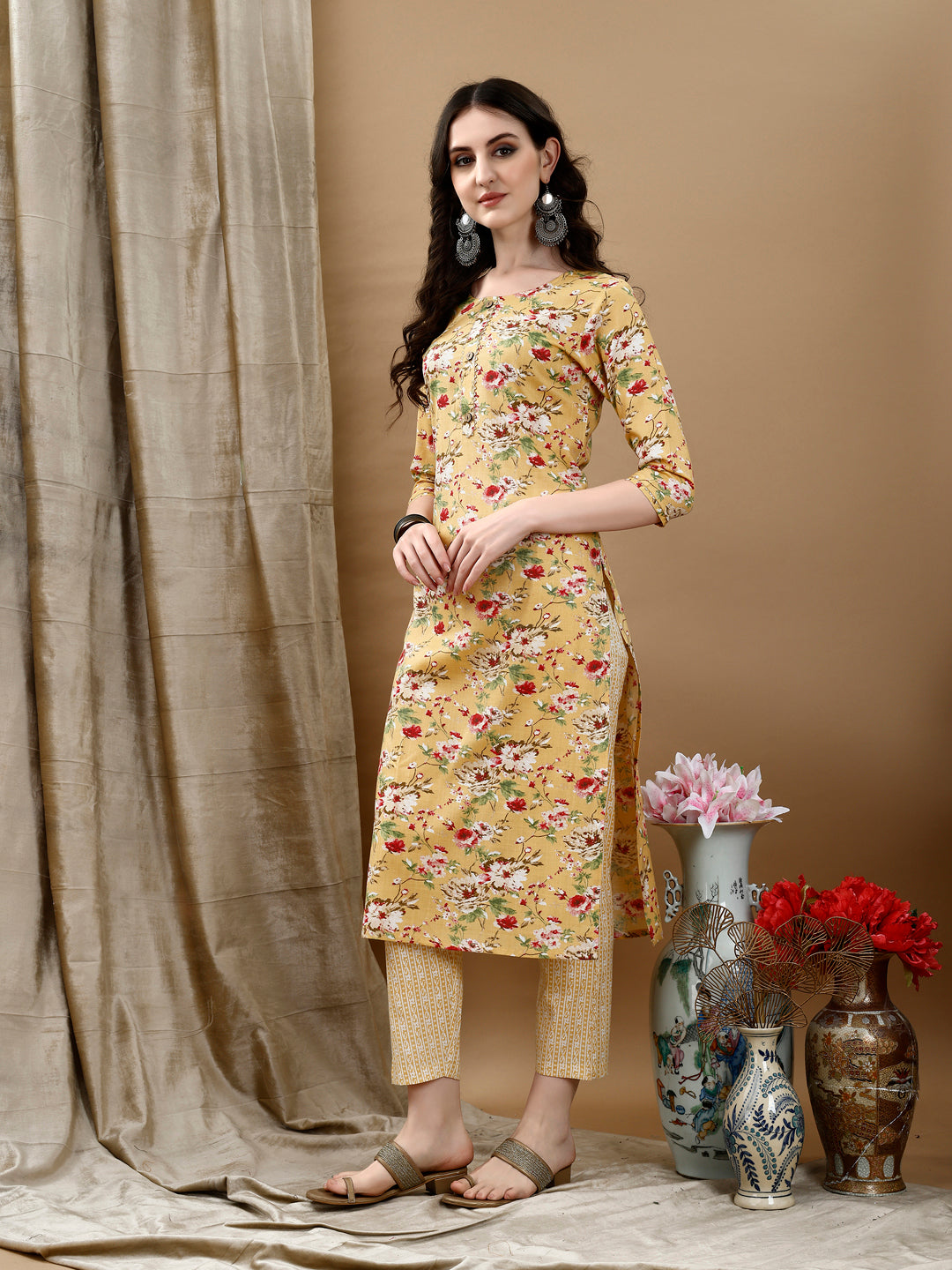 Floral Printed Kurta With Pant & Dupatta, Yellow - Hiral Fashion - Dista