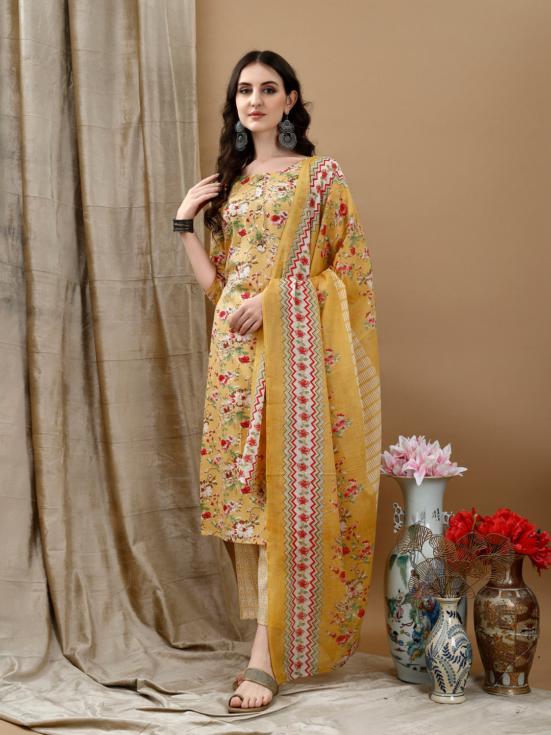 Floral Printed Kurta With Pant & Dupatta, Yellow - Hiral Fashion - Dista