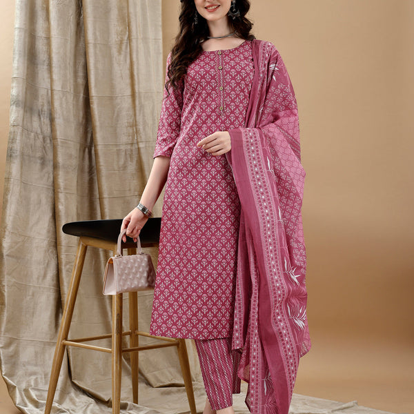 Ethnic Motifs Printed Kurta With Pant & Dupatta, Pink - Hiral Fashion - Distacart