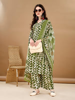 Thumbnail for Chevron Printed Kurta With Palazzo Pant & Dupatta, Green - Hiral Fashion - Distacart