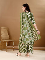 Thumbnail for Chevron Printed Kurta With Palazzo Pant & Dupatta, Green - Hiral Fashion - Distacart