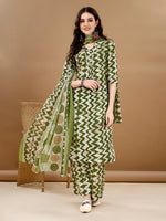 Thumbnail for Chevron Printed Kurta With Palazzo Pant & Dupatta, Green - Hiral Fashion - Distacart