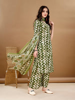 Thumbnail for Chevron Printed Kurta With Palazzo Pant & Dupatta, Green - Hiral Fashion - Distacart