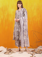 Thumbnail for Chevron Printed Kurta With Palazzo Pant & Dupatta, Grey - Hiral Fashion - Distacart