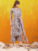 Thumbnail for Chevron Printed Kurta With Palazzo Pant & Dupatta, Grey - Hiral Fashion - Distacart