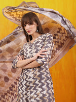 Thumbnail for Chevron Printed Kurta With Palazzo Pant & Dupatta, Grey - Hiral Fashion - Distacart