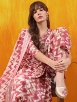 Thumbnail for Chevron Printed Kurta With Palazzo Pant & Dupatta, Pink - Hiral Fashion - Distacart