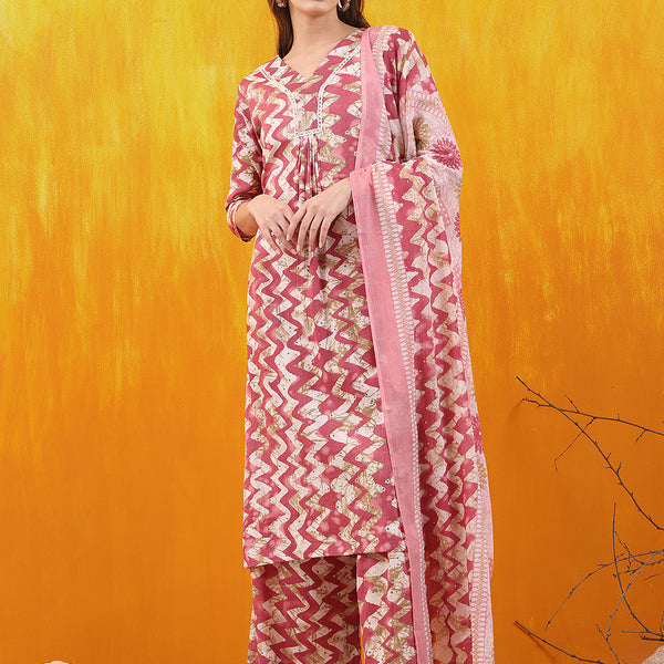 Chevron Printed Kurta With Palazzo Pant & Dupatta, Pink - Hiral Fashion - Distacart