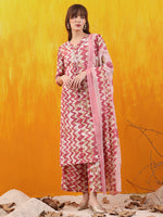 Thumbnail for Chevron Printed Kurta With Palazzo Pant & Dupatta, Pink - Hiral Fashion - Distacart