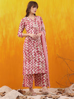 Thumbnail for Chevron Printed Kurta With Palazzo Pant & Dupatta, Pink - Hiral Fashion - Distacart
