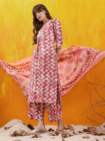 Thumbnail for Chevron Printed Kurta With Palazzo Pant & Dupatta, Pink - Hiral Fashion - Distacart