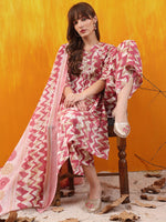 Thumbnail for Chevron Printed Kurta With Palazzo Pant & Dupatta, Pink - Hiral Fashion - Distacart
