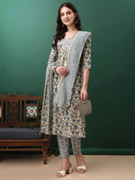 Thumbnail for Floral Printed Kurta With Pant & Dupatta, Navy Blue - Hiral Fashion - Distacart