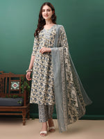Thumbnail for Floral Printed Kurta With Pant & Dupatta, Navy Blue - Hiral Fashion - Distacart