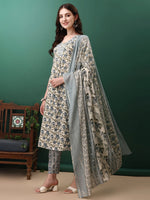 Thumbnail for Floral Printed Kurta With Pant & Dupatta, Navy Blue - Hiral Fashion - Distacart
