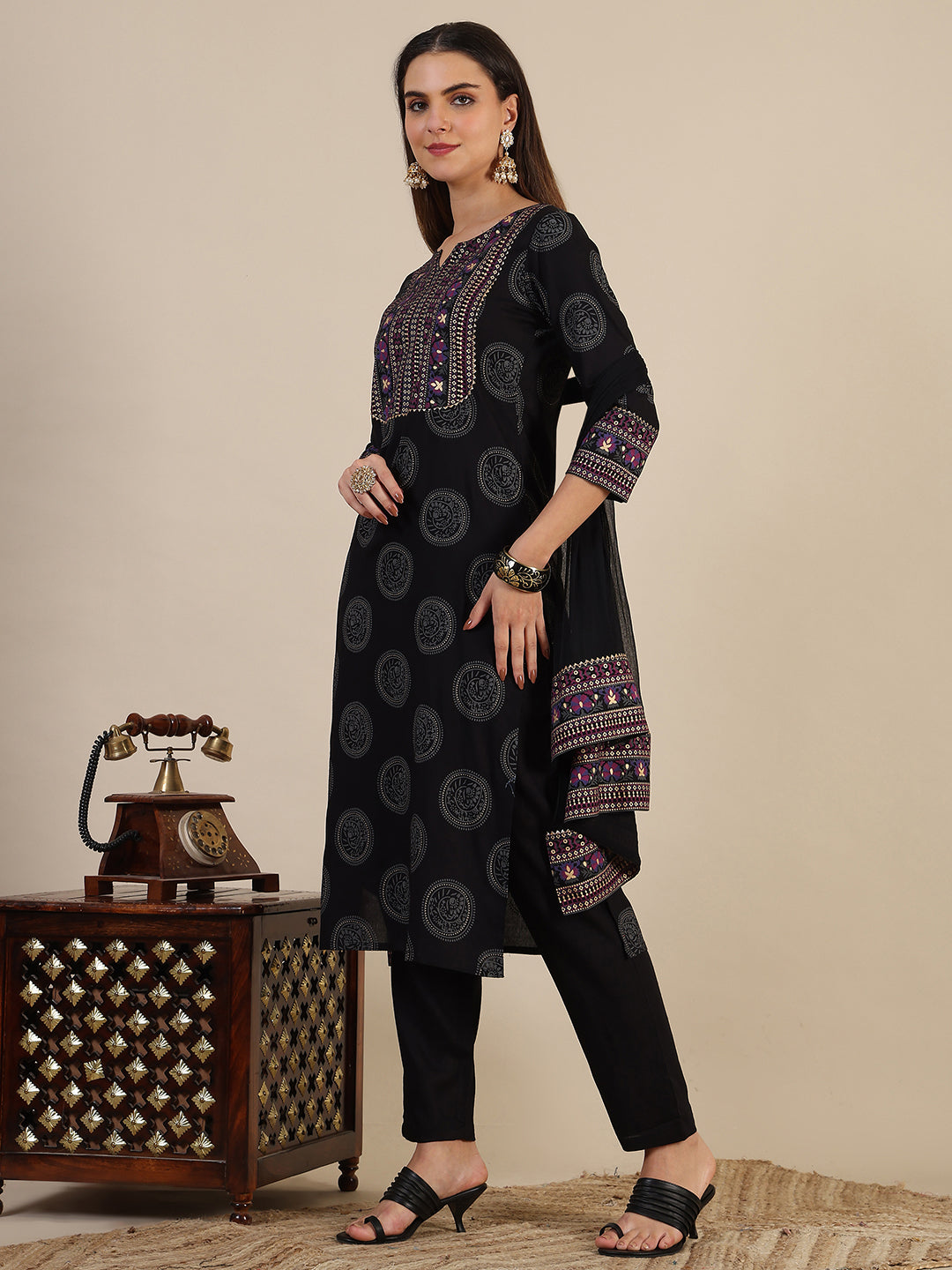 Printed Rayon Kurta With Pant & Printed Dupatta, Black - Hiral Fashion - Dista