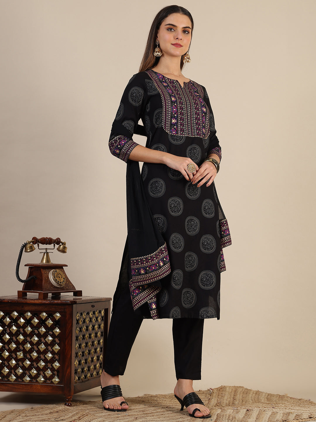 Printed Rayon Kurta With Pant & Printed Dupatta, Black - Hiral Fashion - Dista