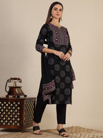 Thumbnail for Printed Rayon Kurta With Pant & Printed Dupatta, Black - Hiral Fashion - Dista