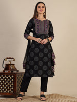 Thumbnail for Printed Rayon Kurta With Pant & Printed Dupatta, Black - Hiral Fashion - Dista