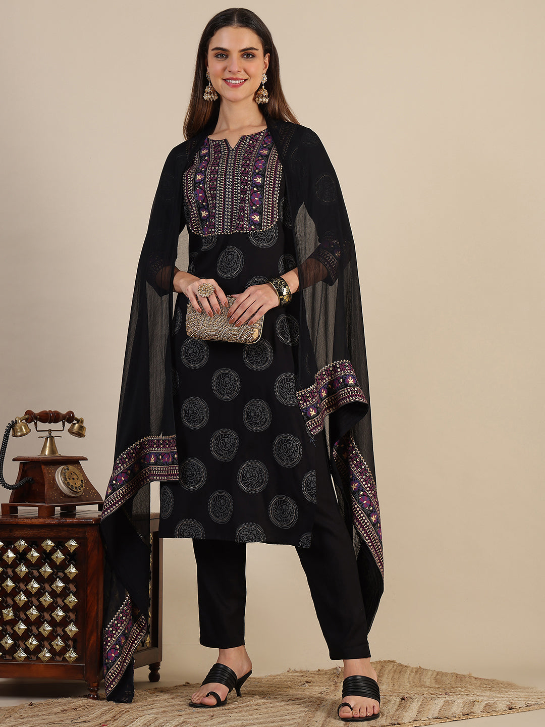 Printed Rayon Kurta With Pant & Printed Dupatta, Black - Hiral Fashion - Dista