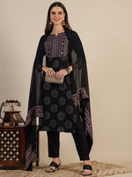 Thumbnail for Printed Rayon Kurta With Pant & Printed Dupatta, Black - Hiral Fashion - Dista