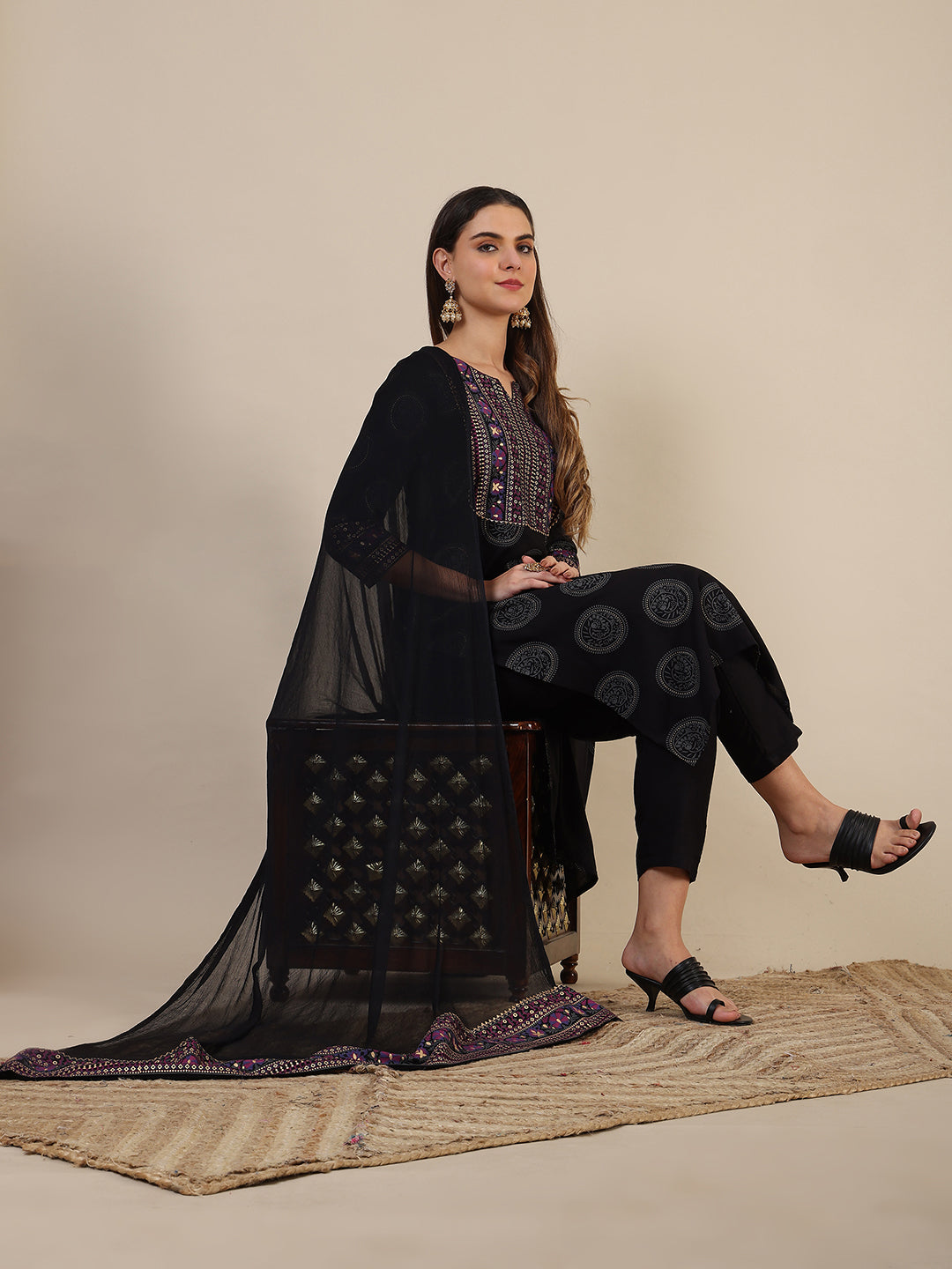 Printed Rayon Kurta With Pant & Printed Dupatta, Black - Hiral Fashion - Dista