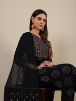 Thumbnail for Printed Rayon Kurta With Pant & Printed Dupatta, Black - Hiral Fashion - Dista