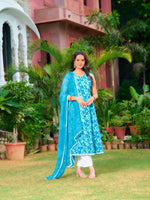 Thumbnail for Printed Flared Kurta With Pant & Dupatta, Blue - Hiral Fashion - Distacart