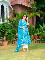 Thumbnail for Printed Flared Kurta With Pant & Dupatta, Blue - Hiral Fashion - Distacart