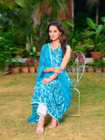 Thumbnail for Printed Flared Kurta With Pant & Dupatta, Blue - Hiral Fashion - Distacart