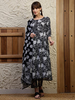 Thumbnail for Floral Printed Flared Kurta With Pant & Dupatta, Black - Hiral Fashion - Distacart