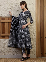 Thumbnail for Floral Printed Flared Kurta With Pant & Dupatta, Black - Hiral Fashion - Distacart