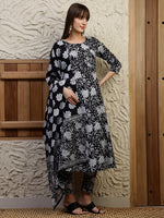 Thumbnail for Floral Printed Flared Kurta With Pant & Dupatta, Black - Hiral Fashion - Distacart